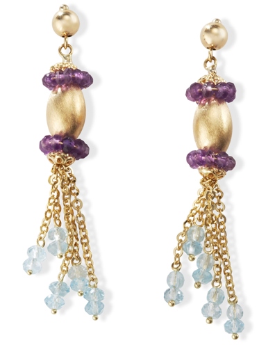 Amethyst And Gold Earrings - Satin 14k Gold Earrings With Amethyst And Blue Topaz