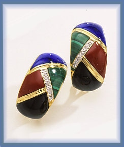 Lapis Gold Earrings - 14k Gold Earrings With Diamonds Black Onyx Lapis & Malachite