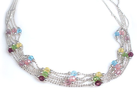 Beaded Necklace - 14k White Gold Multi Strand Beaded Chain Necklace With Gemstones
