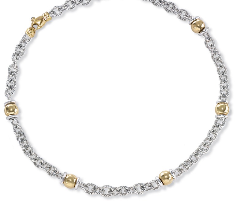 14k Gold Jewelry - 14kt White Gold Link Necklace W Yellow Gold Balls