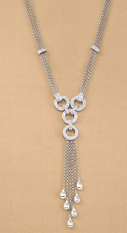 18k Gold Necklaces - Multi-Strand Necklace With Hanging Diamonds -18k White Gold