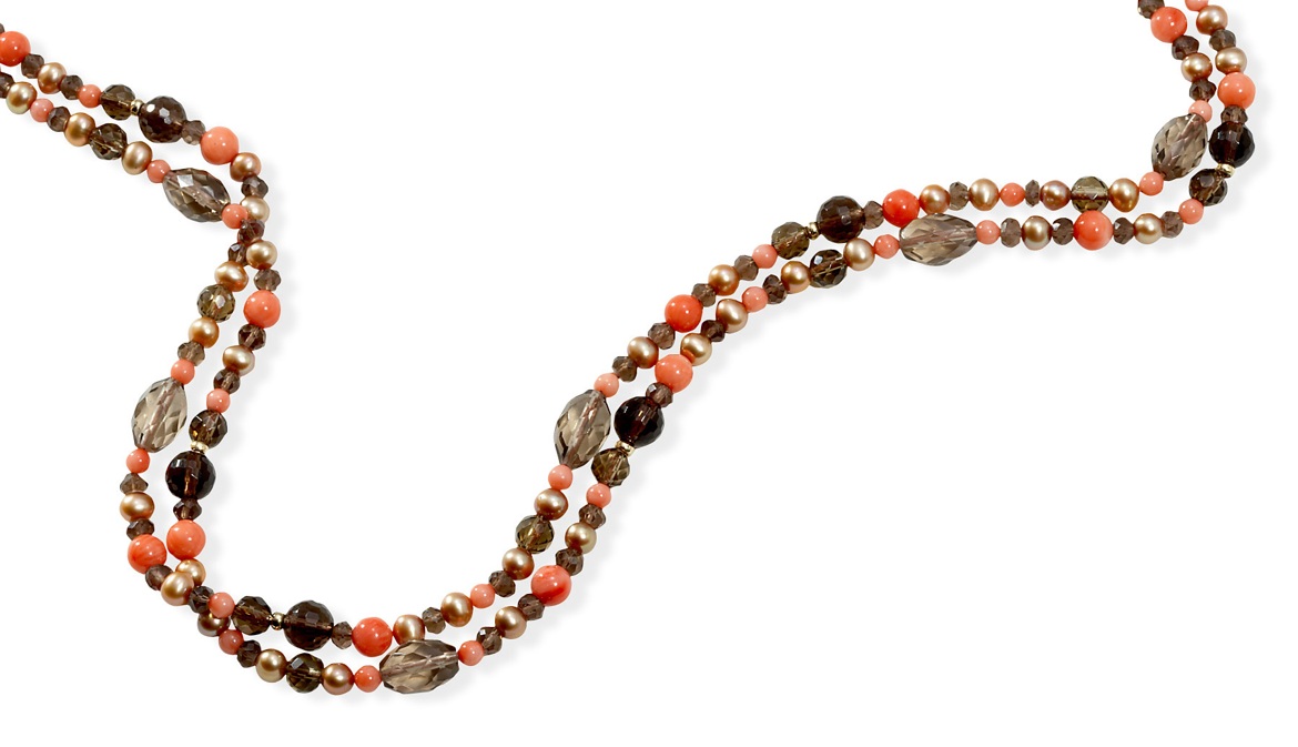 Gold And Pearl Necklaces - 14k Gold Coral Champagne Pearl And Smokey Quartz Necklace