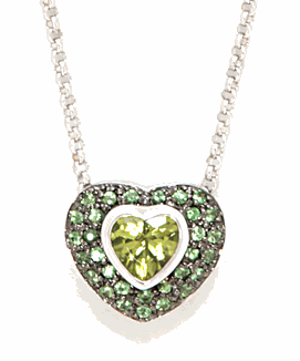 14k Gold Necklaces - 14k White Gold Peridot And Green Garnet Heart Necklace