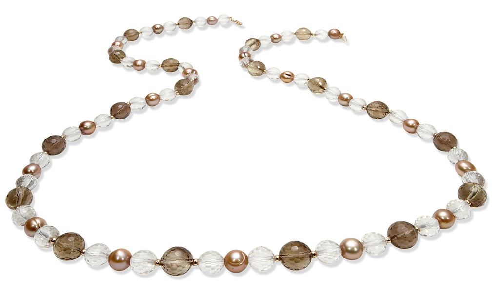 14k Gold Necklaces - 14k Gold Clear And Smokey Quartz Golden Pearl Necklace