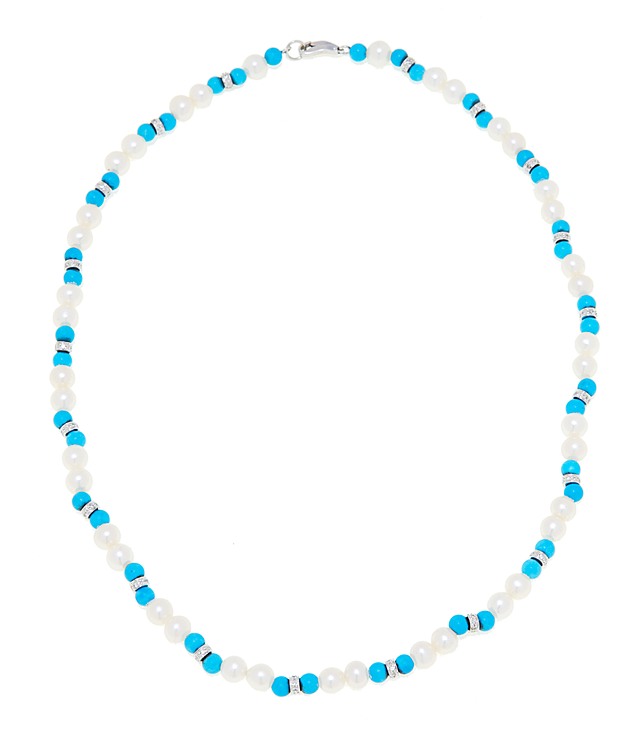 18k Gold Necklaces - Turquoise Jewelry 18k White Gold Diamond Necklace With Alternating Beads Of Turquoise And Pearls