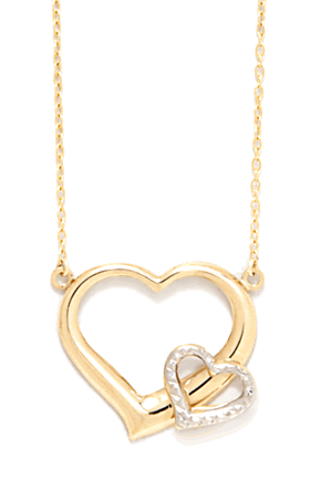14k Gold Necklaces - 14k Two Tone Gold Double Heart Pendant On A Gold Necklace