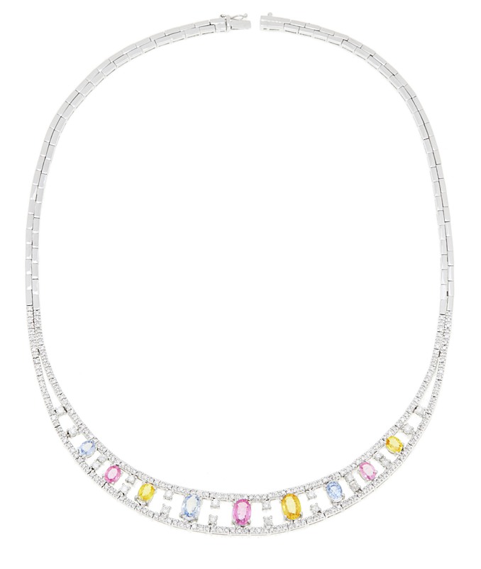 18k Gold Necklaces - CLEARANCE - 18k White Gold Multi Sapphire Necklace With Diamonds