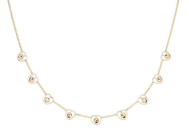 Beaded Necklace - 14k Gold Open Heart And Ball Beaded Chain Necklace 16"