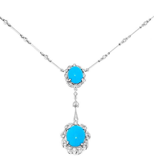 Gold Turquoise Diamond Jewelry - Turquoise Jewelry 18kt White Gold Double Turquoise And Diamond Drop Necklace