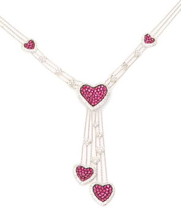 Gold Lariat Necklaces - 18k White Gold Diamond And Ruby Heart Lariat Necklace