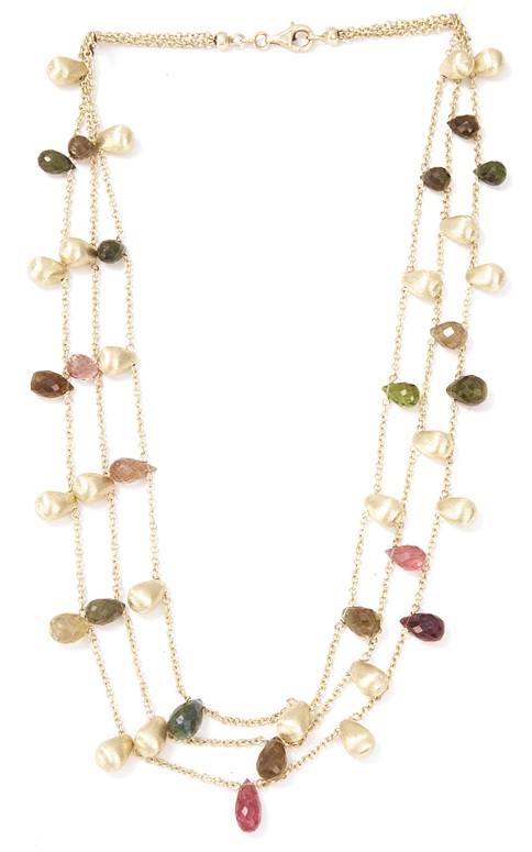 14K 3 strand Tourmaline and gold drops
