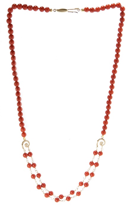 Bead Necklace - 14kt Gold Red Coral Bead Necklace