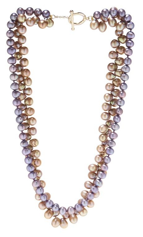 14k Baroque champagne and purple Pearl triple strand necklace