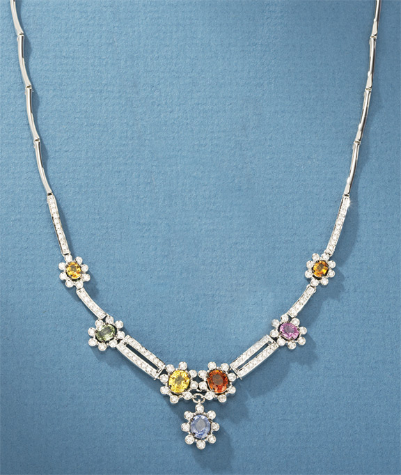 18kt White Gold Diamond Multi Sapphire Necklace