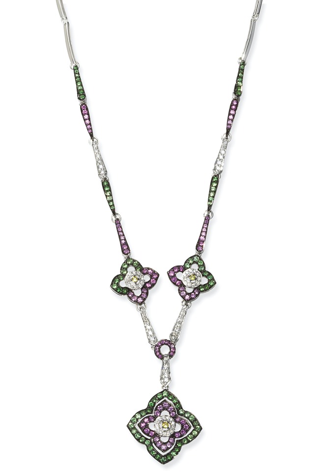 Diamond Multi Gemstone 18k White Gold Floral Necklace