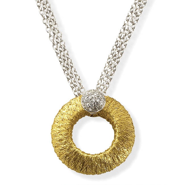 Circle Pendants Diamond Gold - CLEARANCE - 14k Gold Satin Circle & Diamond Pendant On White Gold 3 Strand Chain Necklace