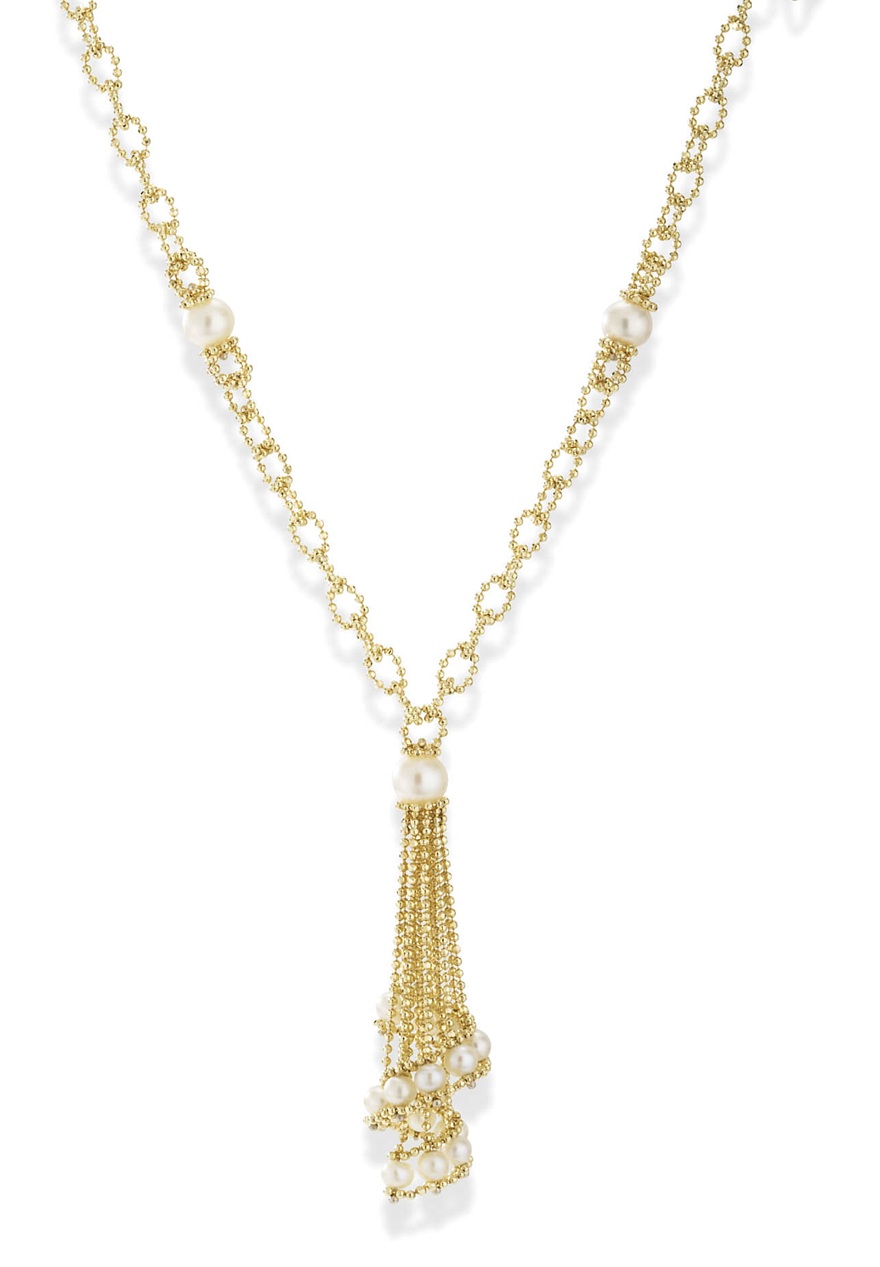 Gold Lariat Necklaces - 14kt Gold Swirled Design And Pearl Lariat Necklace