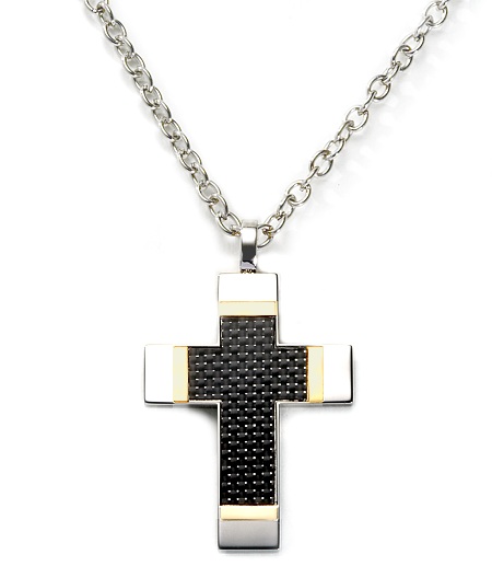Cross Pendant - 18K Stainless Steel And Carbon Fiber Cross Pendant With Chain