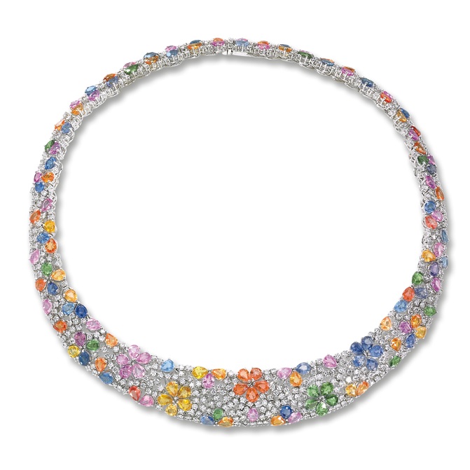 18k Gold Necklaces - 18k White Gold Multi Sapphire And Diamond Necklace