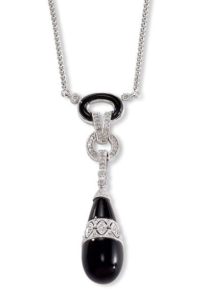 Black And White Necklace - 14k White Gold Diamond & Black Onyx Drop Necklace