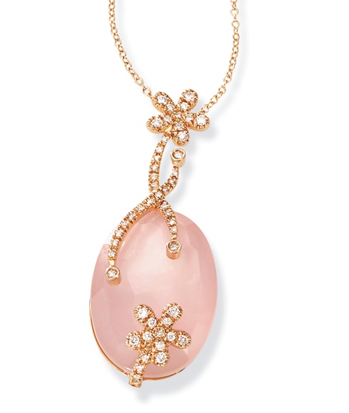 18k Gold Necklaces - 18k Rose Gold Rose Quartz Mother Of Pearl And Diamond Flower Necklace