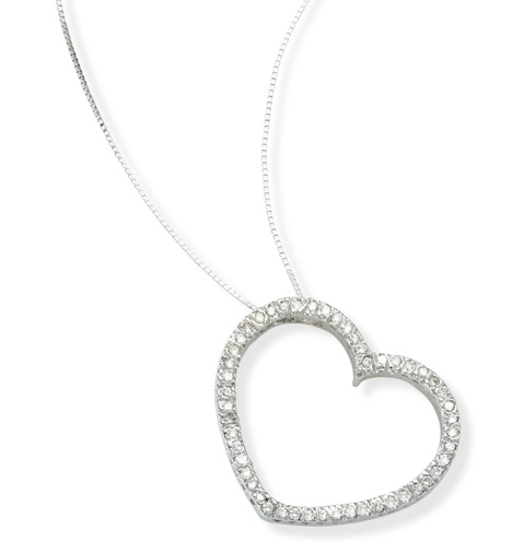 14k Gold Pendants - 14k White Gold Diamond Heart Pendant On 16" Chain