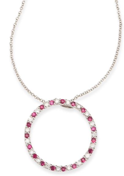 Circle Pendants Diamond Gold - Diamond And Ruby Circle Pendant On 14k White Gold Chain