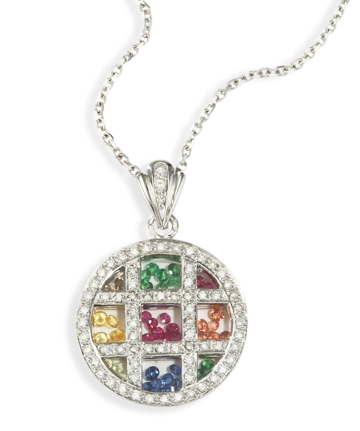 18k Gold Pendants - 18k White Gold Multi Sapphire Circle Pendant On Chain
