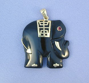 Black Onyx Pendants - Black Onyx Elephant Pendant With 14k Gold & Ruby