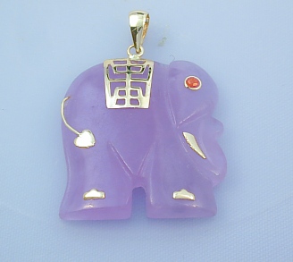 Jade Pendants - Lavender Jade Elephant Pendant With 14k Gold & Ruby