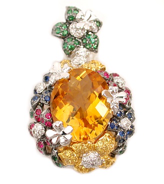 18k Gold Pendants - 18k White Gold Large Multi Gemstone Pendant