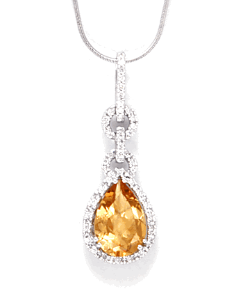 18k Gold Pendants - 18k White Gold Pear Shape Citrine Pendant With Diamonds