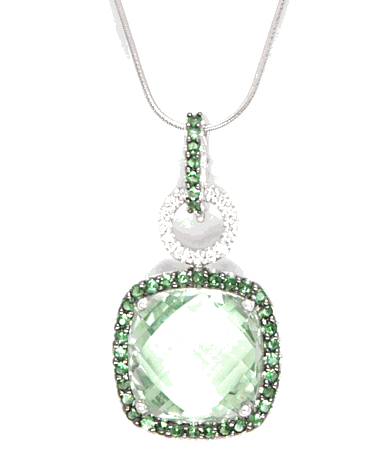 Gold Pendants With Gemstones - 18k White Gold Green Amethyst Pendant With Diamonds And Green Garnet Gemstones