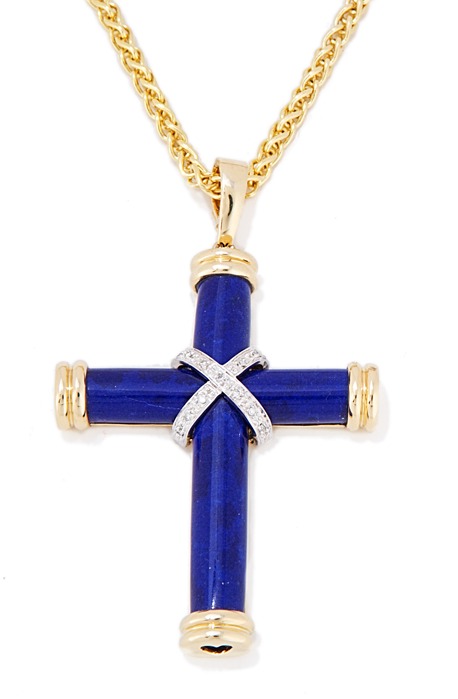 Diamond Cross - 14k Gold Diamond And Lapis Cross Pendant