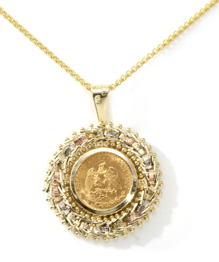 14k Gold Pendants - Coin Jewelry - 14k Tri Color Gold Pendant With A 22k Mexican Peso Coin