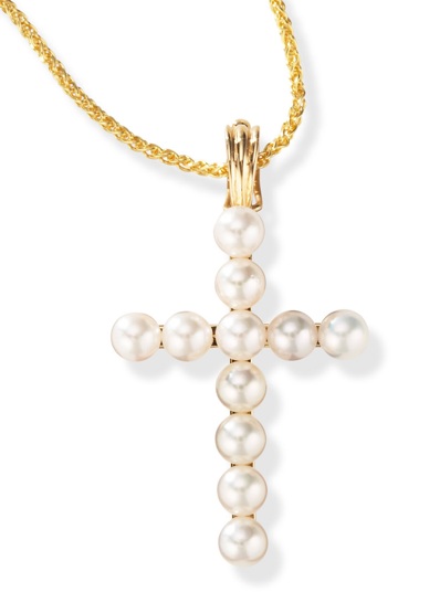 14k Gold Pendants - 14k Yellow Gold Cultured Pearl Cross Pendant