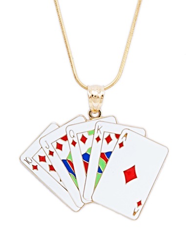 14k Gold Pendants - 14k Gold Enamel Royal Flush Pendant