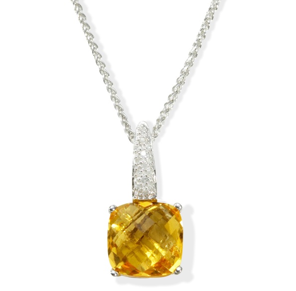 Citrine Pendant - 14k White Gold Citrine And Diamond Pendant