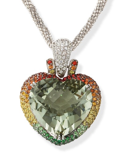 Amethyst Pendant - 18kt White Gold Large Green Amethyst & Multi Sapphire Heart Pendant