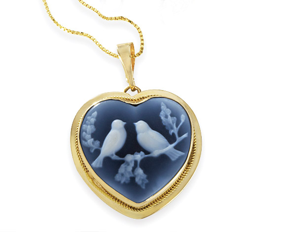14k Gold Pendants - 14k Gold Lovebirds Cameo Pendant