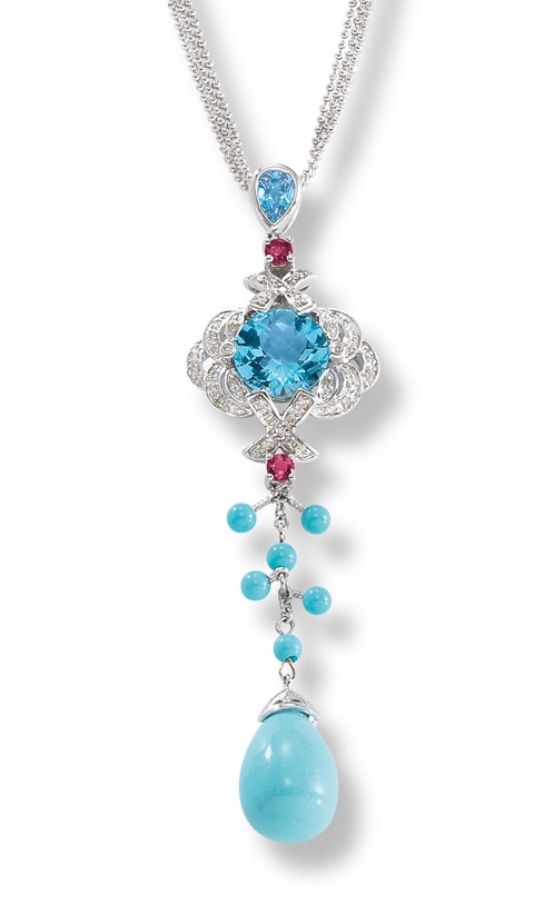 Gemstone Pendant Jewelry - Turquoise Jewelry 14k White Gold Turquoise Diamond And Gemstone Pendant