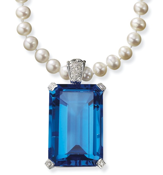 Diamonds Emerald Cut - 14kt White Gold LARGE Blue Topaz Emerald Cut And Diamond Pendant