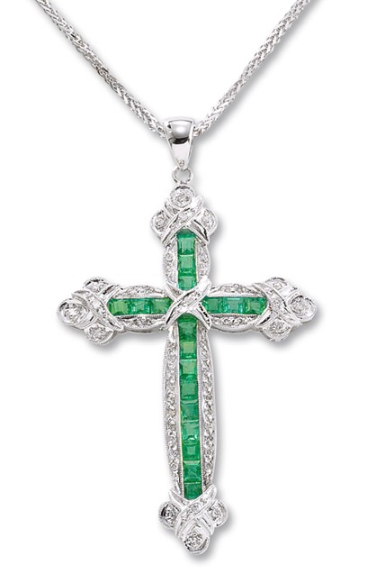Emerald Cross Pendants - 14k White Gold Diamond And Emerald Cross Pendant