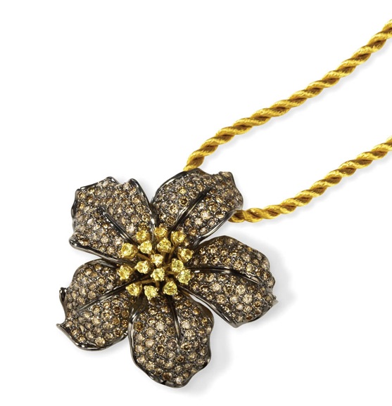 18k Gold Pendants - 18k Gold Champagne Diamond Flower Pendant With Yellow Sapphires