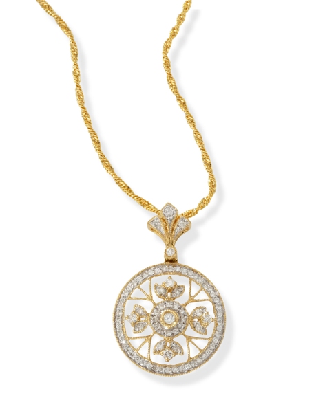 Circle Pendants Diamond Gold - Diamond Fleur De Lis Circle Pendant In 18k Gold