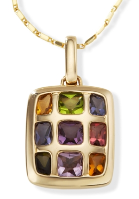 14k Gold Pendants - Multi Gemstone Checkerboard 14k Gold Pendant
