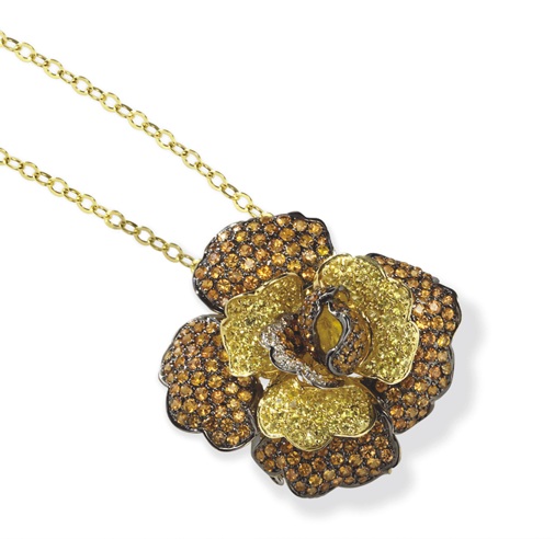 18k Gold Pendants - 18k Gold Orange And Yellow Sapphire Flower Pendant With Diamonds