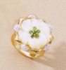 Stone Rings - 18k Gold Ring W Carved Mother Of Pearl Diamonds & Emeralds