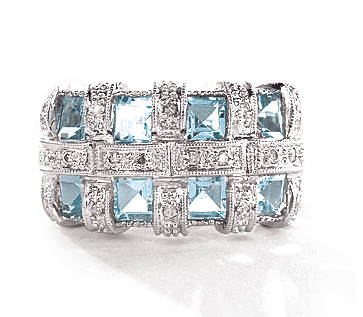 Gold Rings 18k - 18k White Gold Square Aquamarine And Diamond Ring