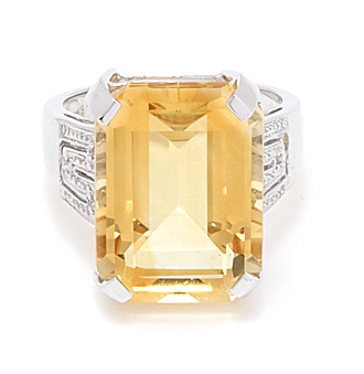 Large Diamond Rings - 14k White Gold Large Emerald Cut Citrine And Diamond Ring